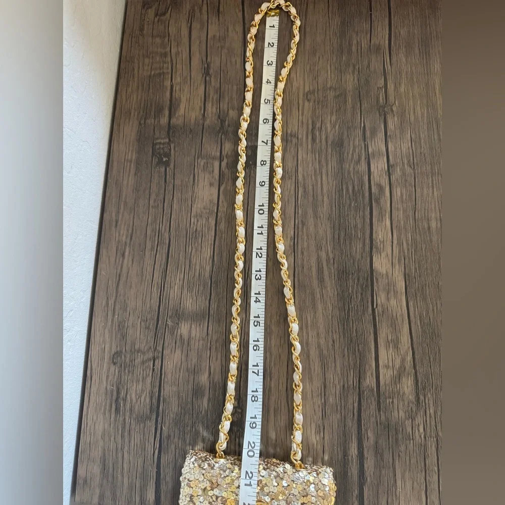 Vintage Chanel Micro Half Flap bag in gold sequin, ribbed satin, gold hardware